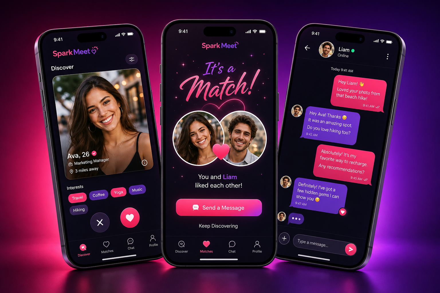 Pantallas de SparkMeet — Descubrir, emparejar, chatear